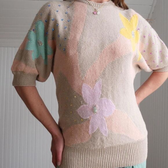 Sweet 80s floral intarsia sequined longline sweater‎ - Picture 8 of 8